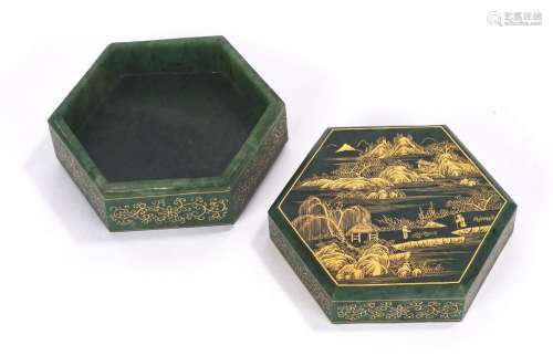 Chinese Gilt Painted Green Jade Hexagonal Box