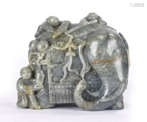 Chinese Jade Carved Elephant and Boys Group
