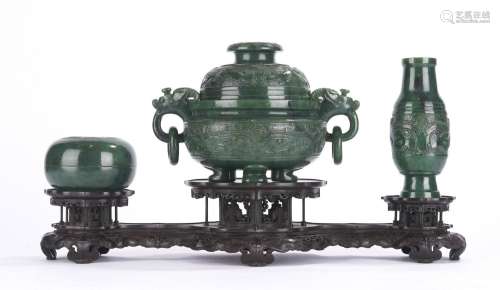 Chinese Green Jade Incense Garniture Set