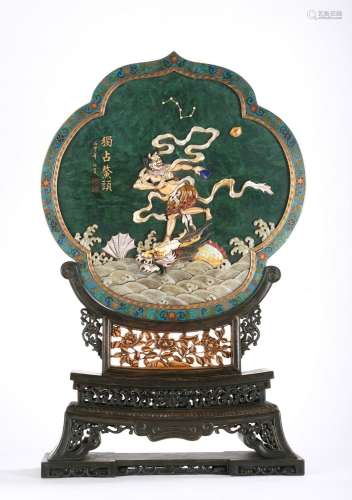 Gorgeous Chinese Green Jade Inlaid Immortal Table Screen