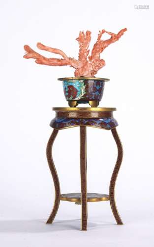 Chinese Coral Phoenix Carving with Cloisonne Enamel Planter