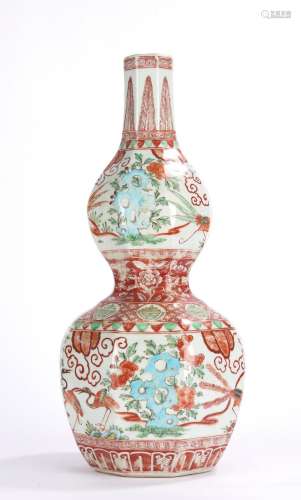 Tall Chinese Wucai Enamel Double Gourd Vase
