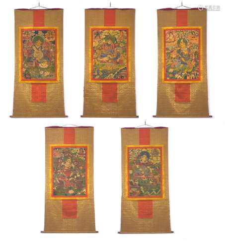 Group of Five Hanging Tibetan Thangka