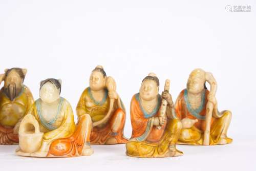 Eight Chinese Soapstone Carved Daoist Immortal Figures