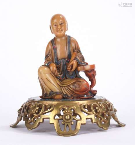Chinese Soapstone Luohan on Gilt Cloisonne Stand