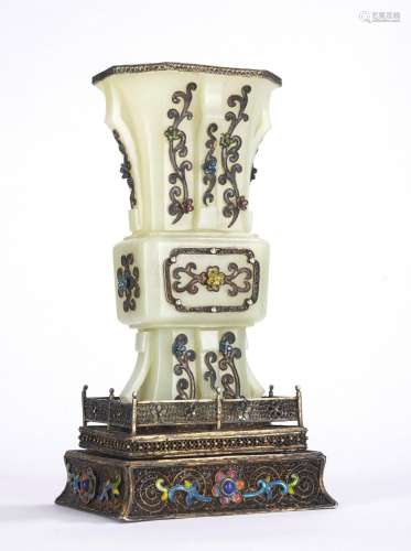 Chinese White Jade Gilt Silver Inlaid Gu Vase