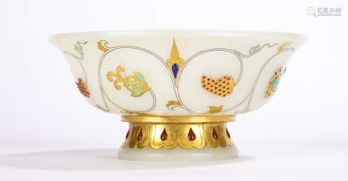Chinese Jade Gold Inlaid Buddhist Bowl