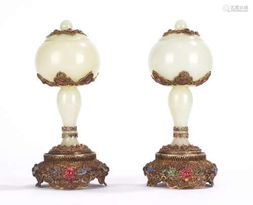 Pair of Chinese White Jade Silver Filigree Inlaid Vessels