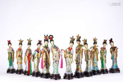 Twelve Chinese Cloisonne Enamel Female Immortal Figures