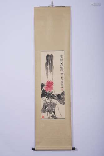 Chinese Watercolor Peony and Rock Painting Scroll