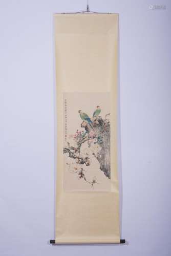 Chinese Watercolor Birds Painting Scroll