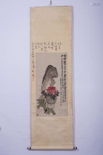 Chinese Watercolor Rubbing and Flowers Painting Scroll