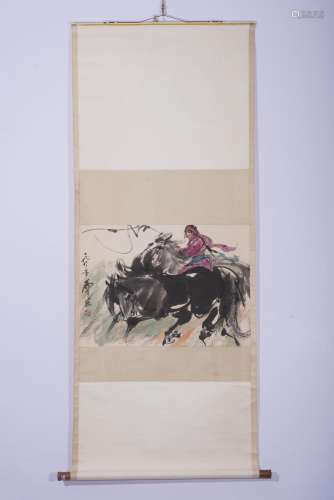 Chinese Watercolor Figure and Horses Painting Scroll
