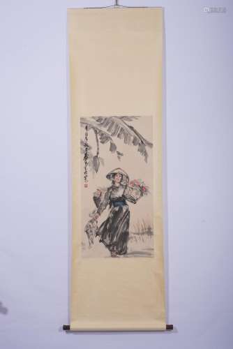 Chinese Watercolor Lady Painting Scroll