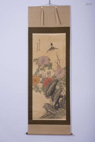 Chinese Watercolor Silk Bird and Flowers Scroll