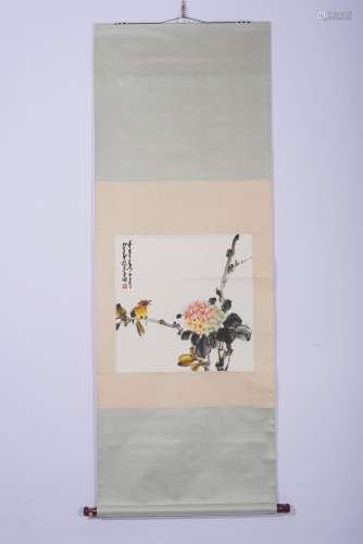 Chinese Watercolor Bird and Flower Scroll