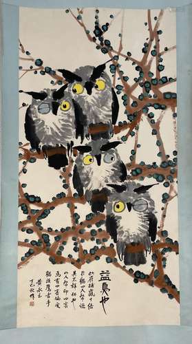 Chinese Painting Scroll of Owls