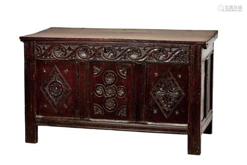 A CHARLES II OAK JOINED CHEST OR COFFER