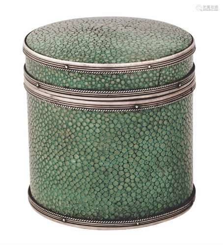 A SILVER MOUNTED WALNUT AND SHAGREEN CYLINDRICAL BOX BY JOHN...