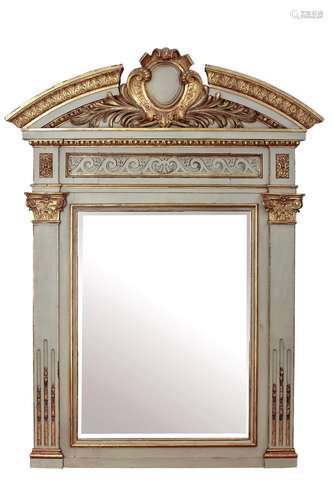 A LATE VICTORIAN GREY PAINTED AND GILTWOOD OVERMANTEL MIRROR...