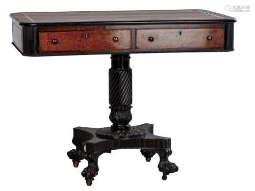 AN ANGLO CHINESE AMBOYNA AND EBONY LIBRARY TABLE