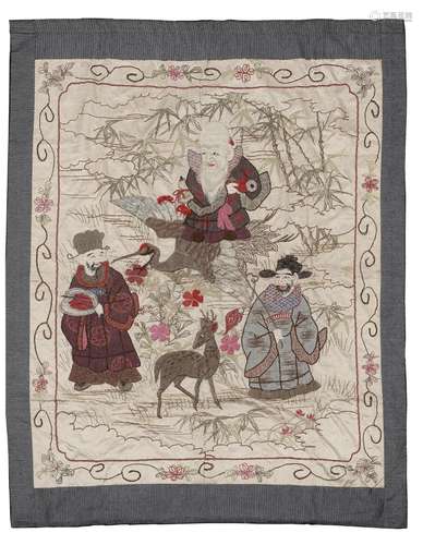 A SILK EMBROIDERED PANEL WITH CHINESE FIGURES