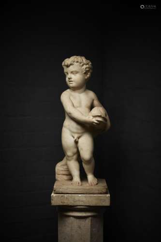 AN ITALIAN MARBLE FIGURE OF A PUTTO WITH A DOLPHIN
