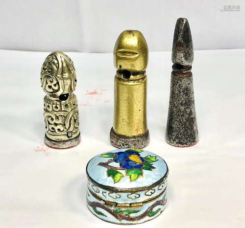 Four Pcs of Chinese Metal Seals & Enamel Ink Box