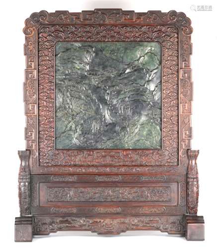 Chinese Spinach Jade Plaque Wood Table Screen
