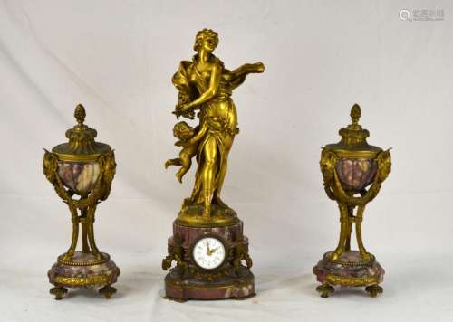Three Pcs of Bronze & Marble Clock Set