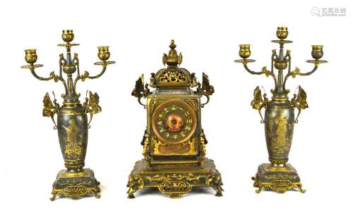 French Chinese Style Bronze Clock Set