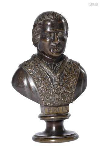 A SMALL BRONZE BUST OF POPE PIUS IX