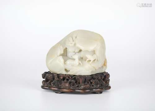 Chinese Carved Jade Boulder on Wood Stand