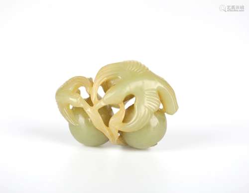 Chinese Carved Yellow Jade Peaches & Bats