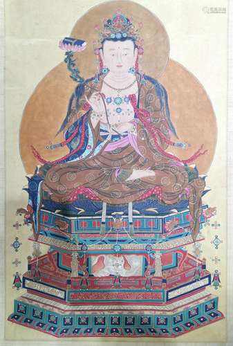 Chinese Painting Scroll w. Buddha Figure