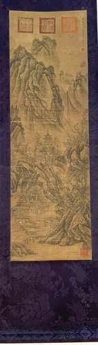 Old Chinese Painting Scroll of Mountain Village