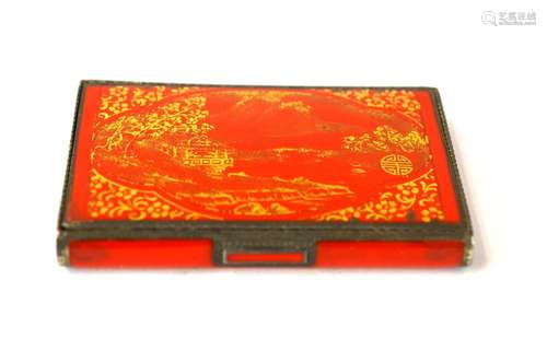 French Red Enamel Silver Card Case w Asian Scene