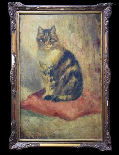 L. Manouriez (XIX). Le chat sur son coussin rouge., Huile su...