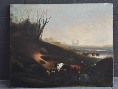 Vaches à l’abreuvoir., Huile sur toile XIXème., Dimension 79...