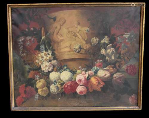 Nature morte aux fleurs et au vase antique., Huile sur toile...