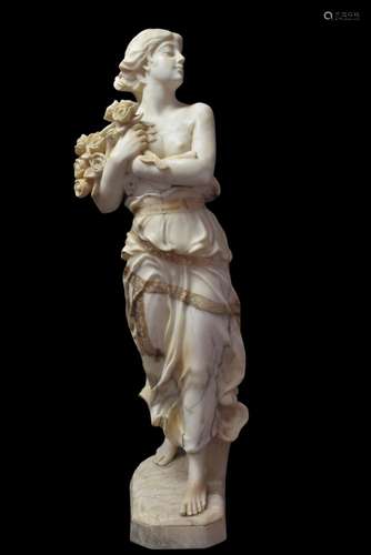 A. BENSI., Sculpture en albâtre., L’ élégante aux bouquets d...