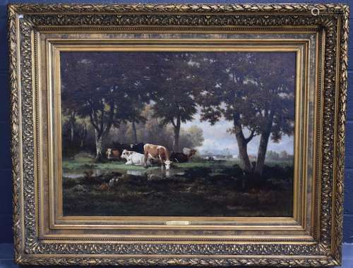 Louis COIGNARD (1812-1880)., Paysage de vaches au pré dans s...