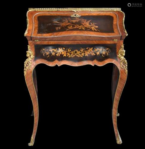 DIEHL., Petit bureau de dame de style Louis XV en marqueteri...