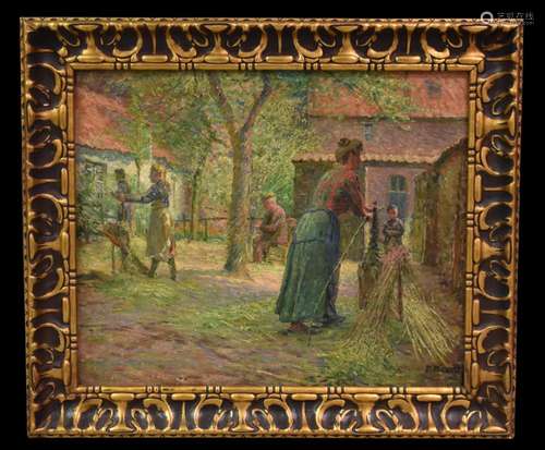 Pieter DIERCKX (1871-1950)., Scène familiale à la ferme., Hu...