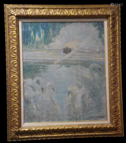 Louis ICART (1888-1950)., La mort du cygne., Huile sur toile...