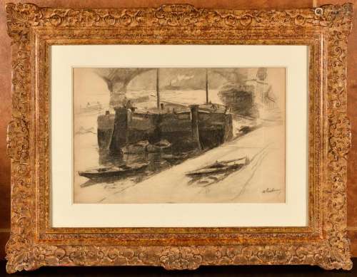 ALBERT LEBOURG (1849-1928) Péniches à quai en bord de Seine ...