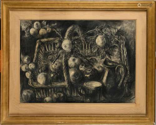 LOUISE HERVIEU (1878-1954) Le panier de fruits Dessin au fus...