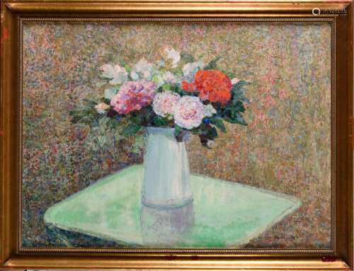 VICTOR CHARRETON (1864-1936) Vase de fleurs sur un entableme...