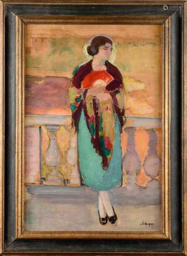 HENRI BAPTISTE LEBASQUE (1865-1937) Jeune fille à l’éventail...