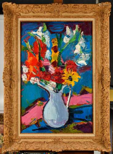 PIERRE AMBROGIANI (1907-1985) Fleurs au châle multicolore Hu...